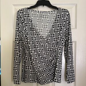 Talbots Black and White Geometric Wrap Top